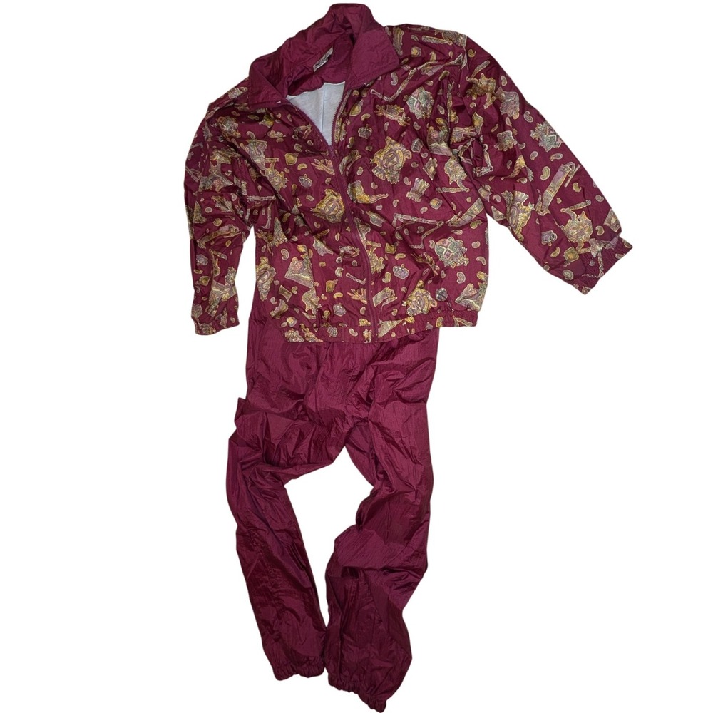 Slade Women's L Burgundy Thanksgiving Print‎ Tracksuit Set Jacket Pants Vintage